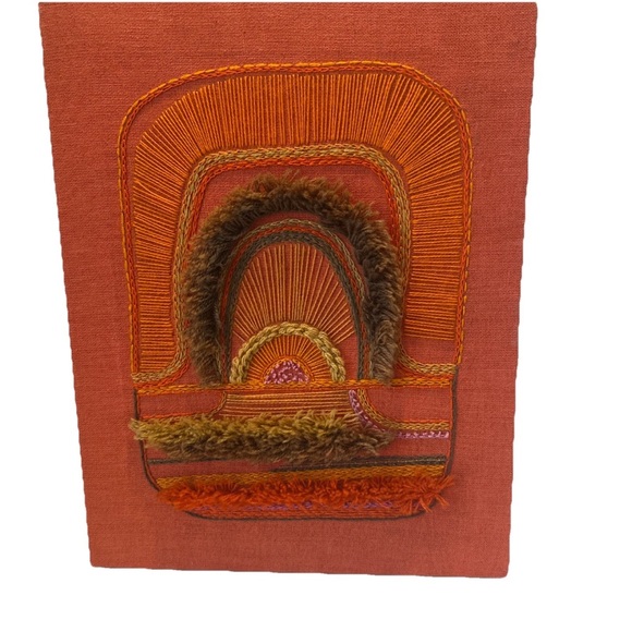 MCM Vintage 1970s Orange Yarn Fiber Embroidery Hand Woven Boho 14x18”